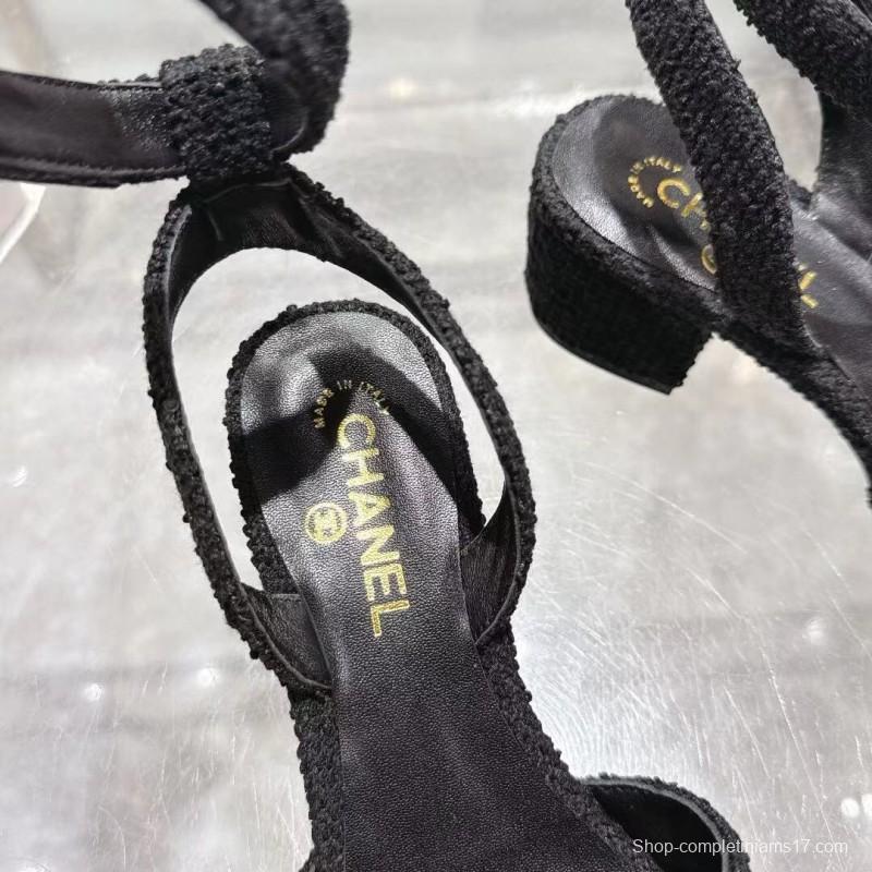 2025 Women Chanel Black Tweed Sandals LY00280