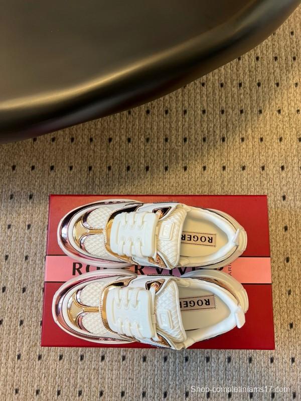 2025 Women Roger Vivier White Pink Leather Mesh Sneakers KFY00380