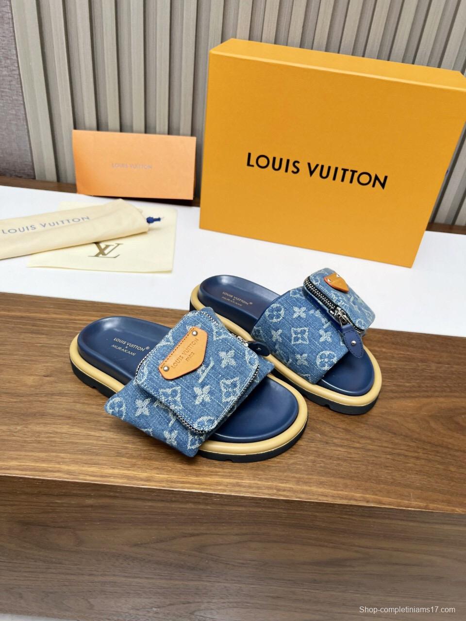 2025 LV Blue Denim Leather Slippers