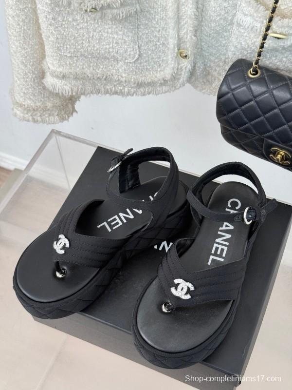 2025 Women Chanel Black Fabric Platform Sandals