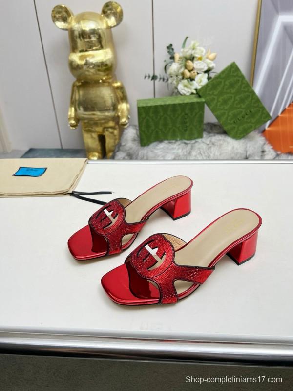 2025 Women Gucci Red Leather Slippers MJ00190