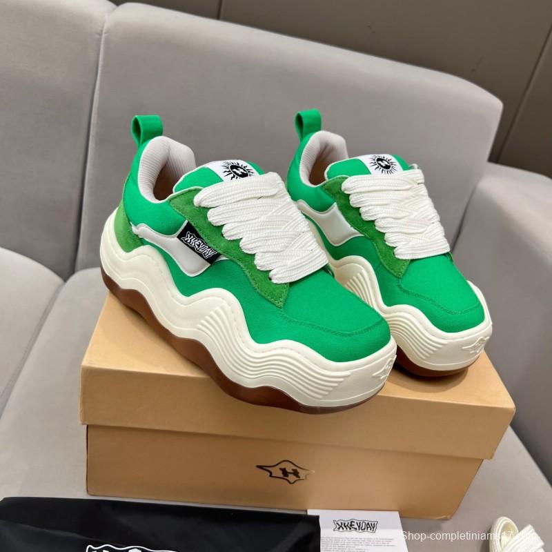 2025 Unisex HEYDAY Green White Canvas Leather Wave Sneakers KFY00260