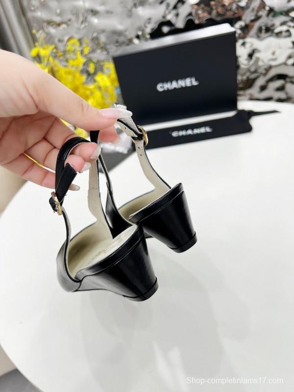 2025 Women Chanel Black Leather Slingback Flats