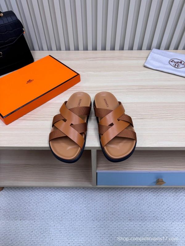 2025 Men Hermès Brown Leather Slippers