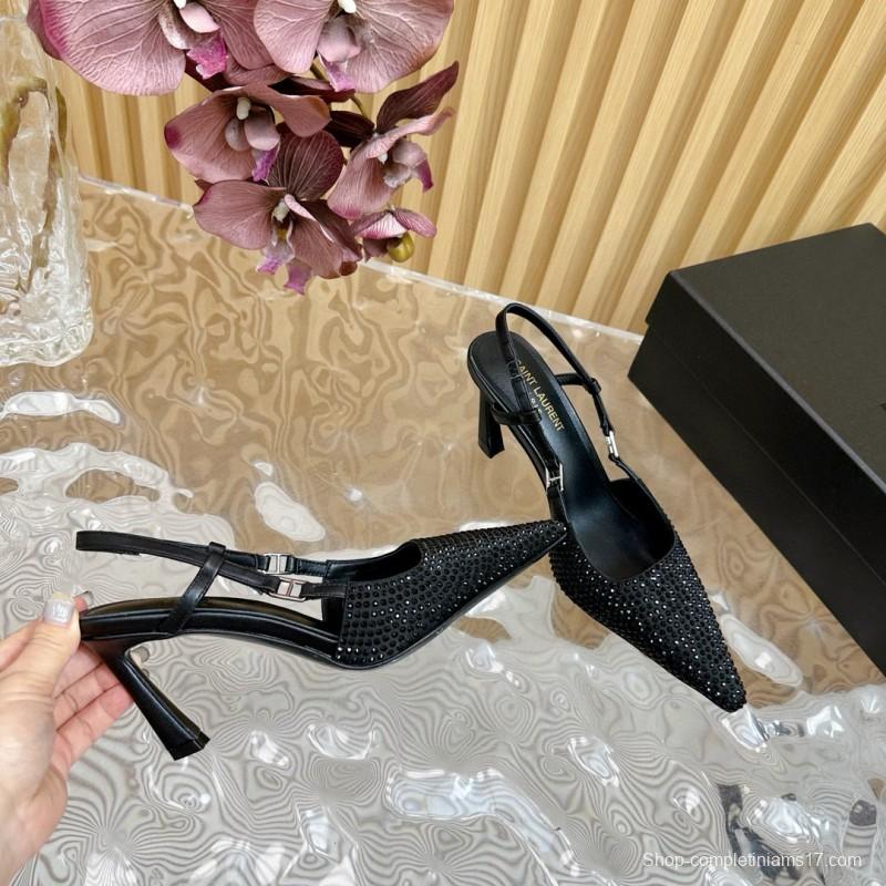 2024 Women Yves Saint Laurent Black Silk Slingback Heels MJ00320