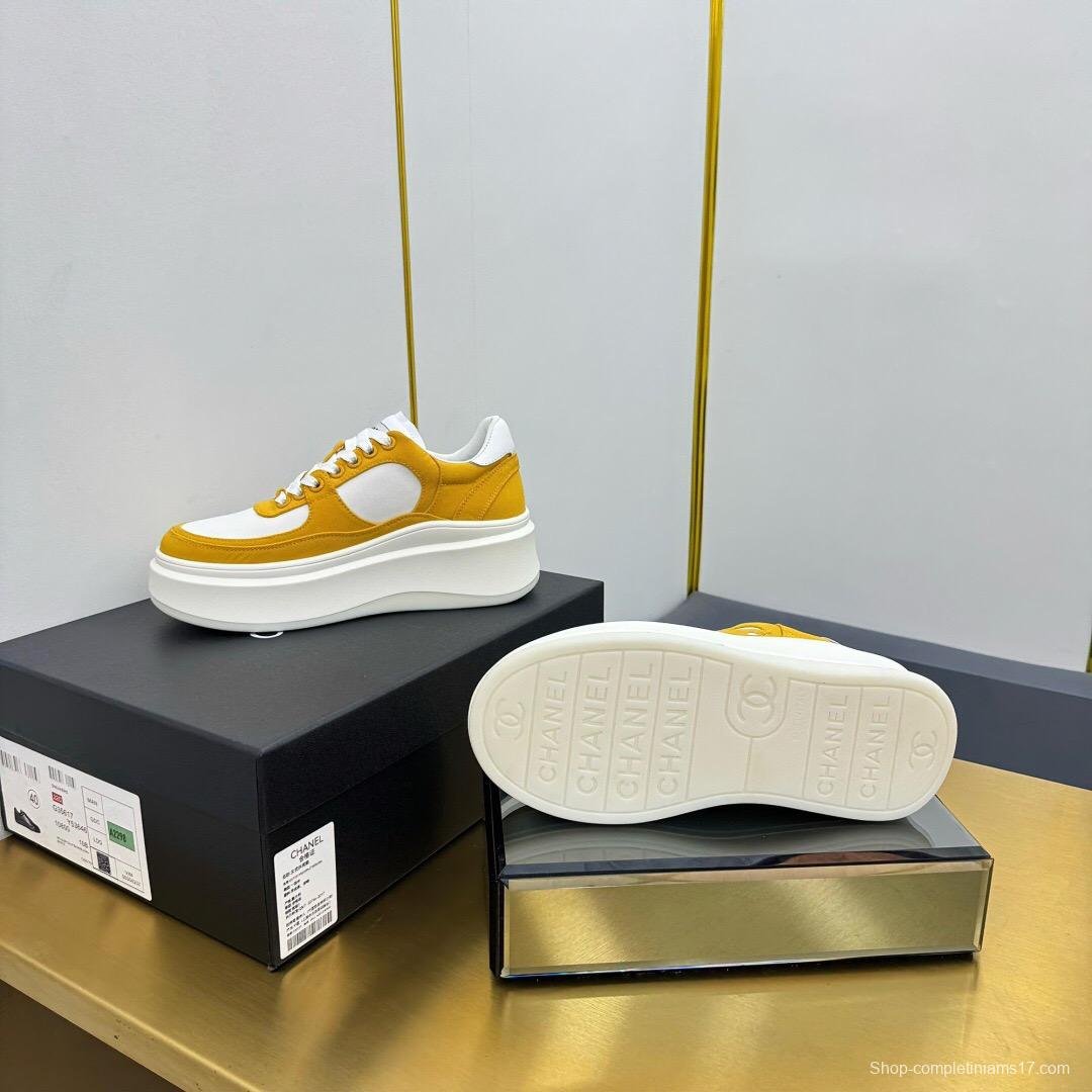 2025 Women Chanel Yellow White Canvas Leather Platform Sneakers