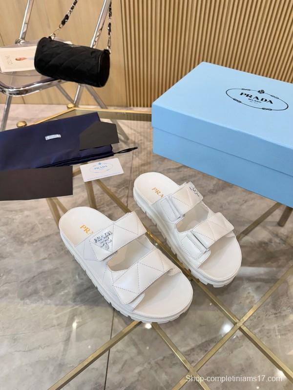 2025 Women Prada White Leather Slippers LY00270