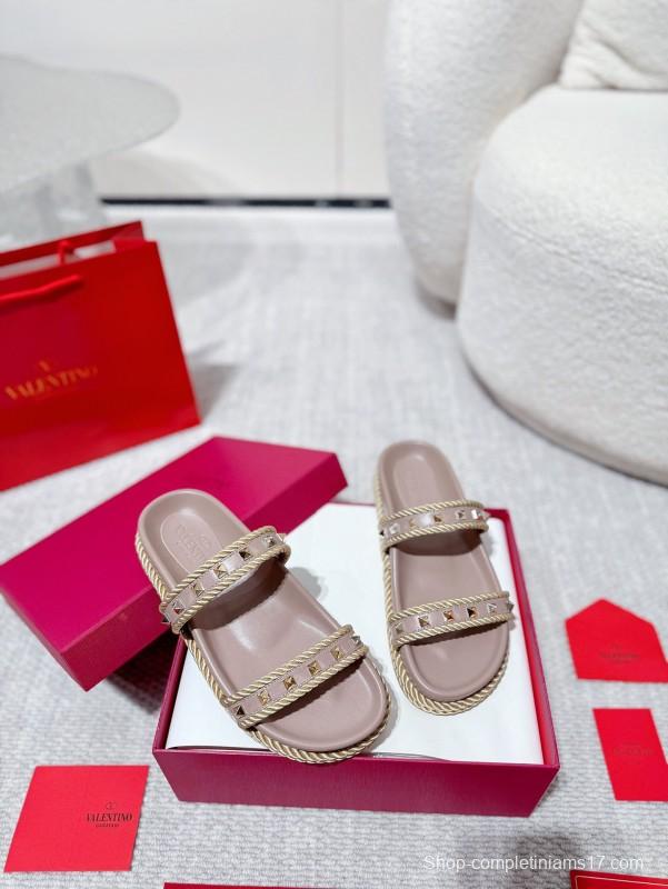 2025 Women Valentino Beige Leather Slippers