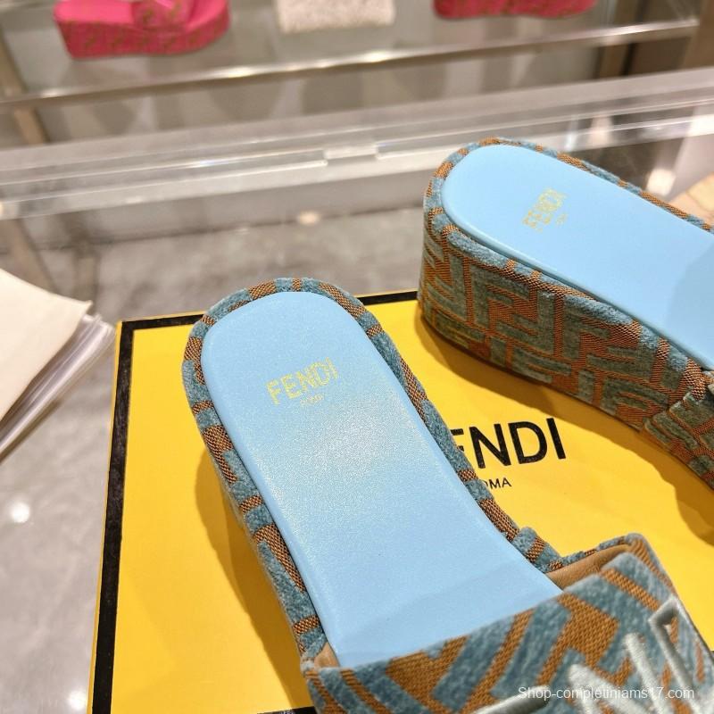 2025 Women Fendi Blue Brown Canvas Slippers