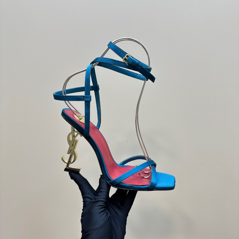 2025 Women Yves Saint Laurent Blue Silk High Heel Sandals KFY00290