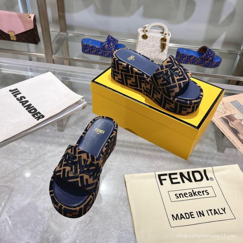 2025 Slippers Fendi Blue Brown Canvas Platform FF Jacquard KFY00240