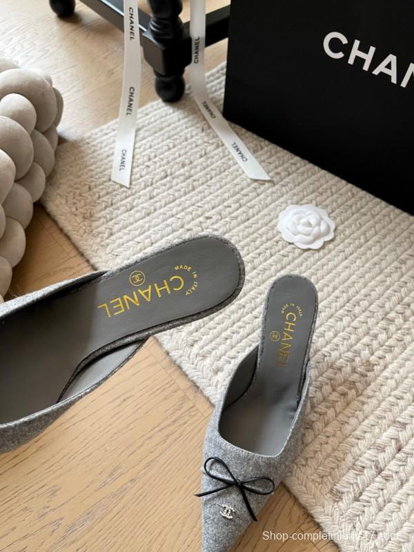 2025 Women Chanel Grey Fabric Pointed Toe Mules KFY00290