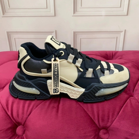 2025 Unisex Dolce & Gabbana Black Beige Leather Sneakers DG LY00340