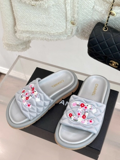 2025 Slippers Chanel Silver Floral Embroidery Leather Slippers KFY00260