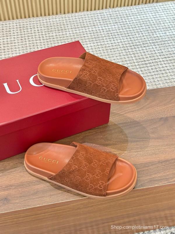 2025 Women Gucci Brown Suede Leather Slippers