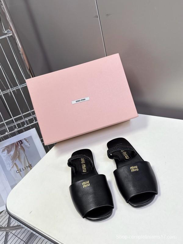 2025 Slippers Miu Miu Black Leather Slippers LY00