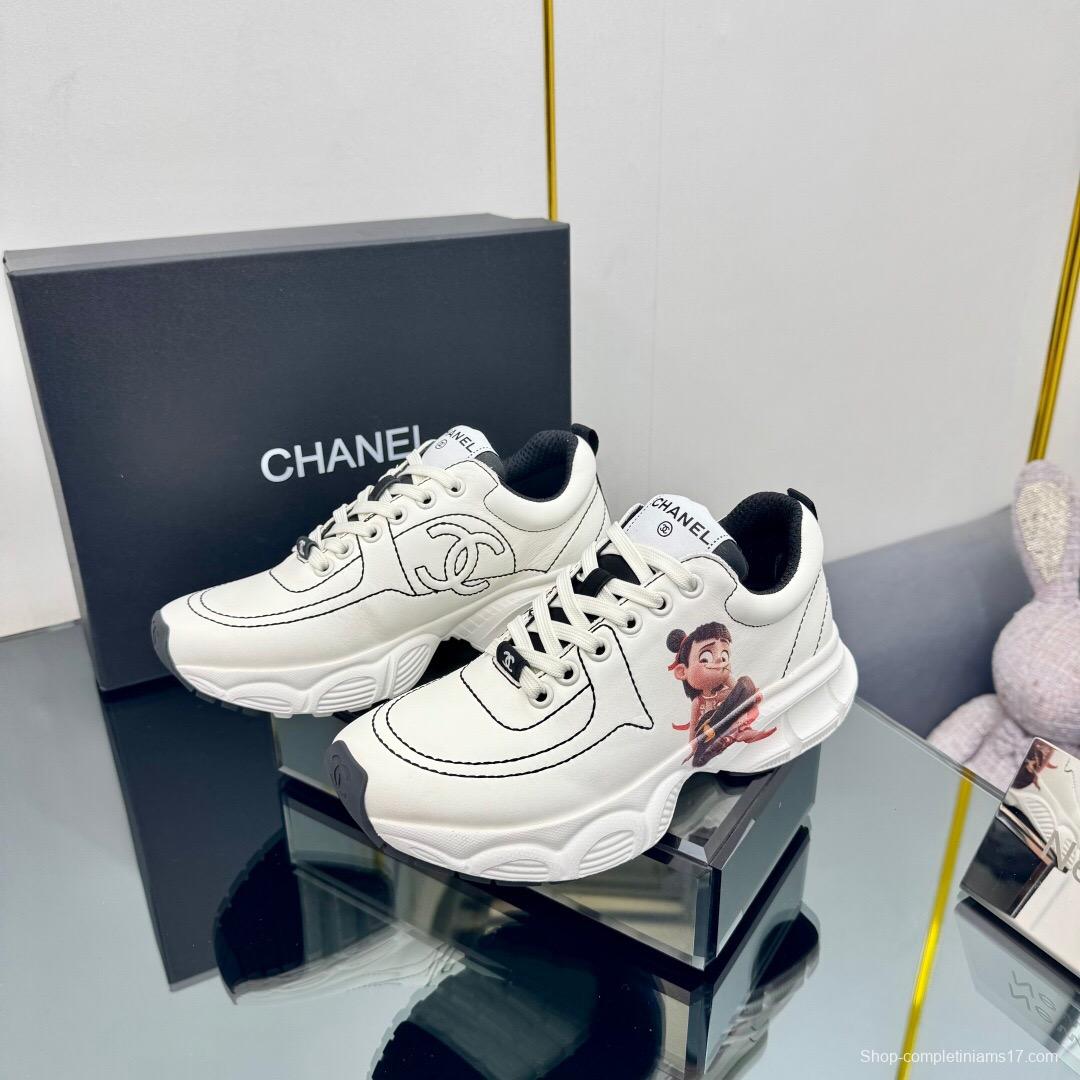 2025 Women Chanel White Leather Sneakers Cartoon Graphic