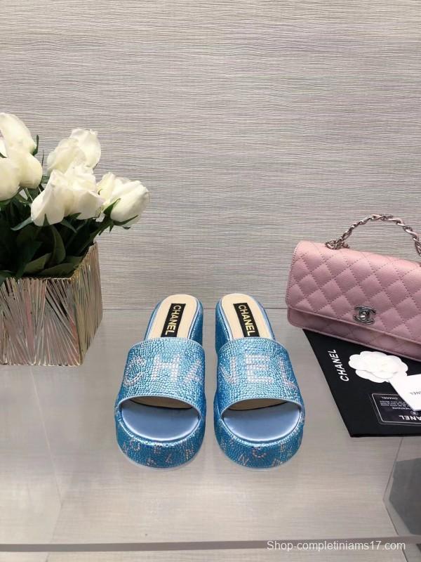2025 Women Chanel Blue Fabric Platform Slippers LY00320