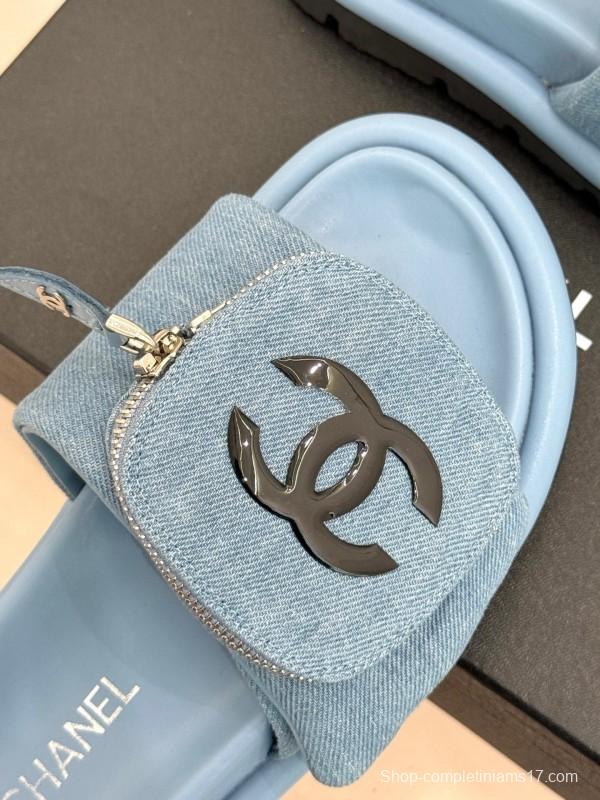 2025 Slippers Chanel Light Blue Denim Slippers KFY00220