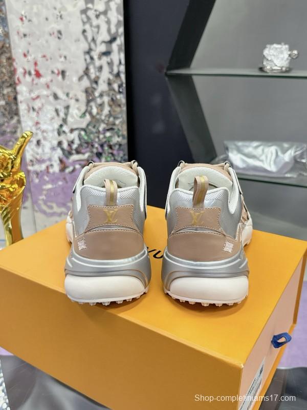 2025 Men Louis Vuitton Gradient Color Beige White Mesh Leather Sneakers MJ00420