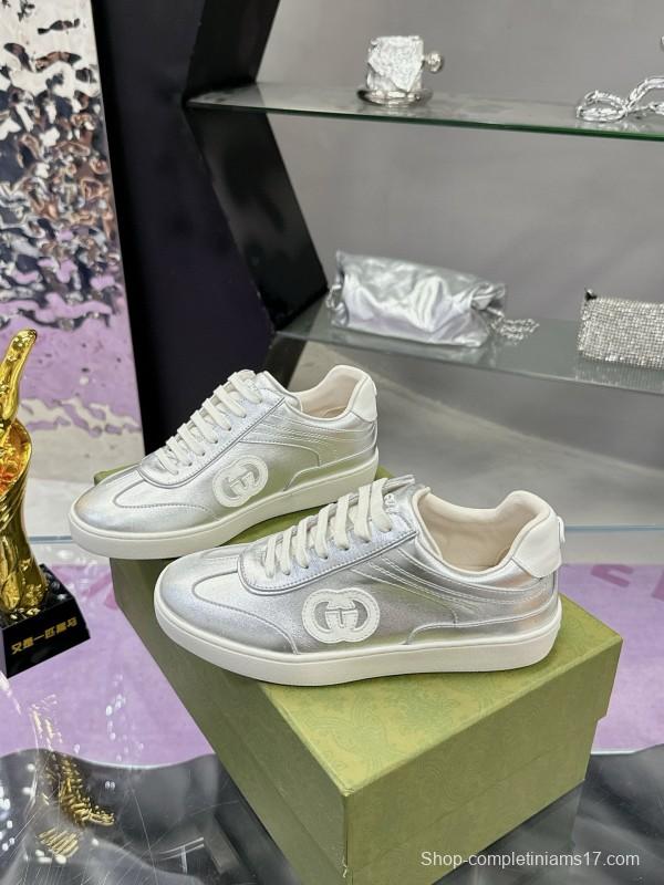 2024 Unisex Gucci Silver White Leather Suede Sneakers MJ00310