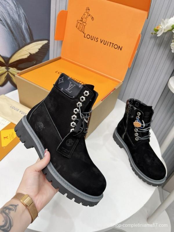 2024 Unisex Louis Vuitton Black Suede Leather 6 Inch Waterproof Embossed Leather Ankle Boots MJ00450