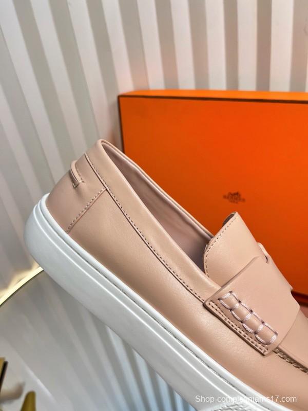 2025 Women Hermès Pink Leather Loafers LY00310(F)