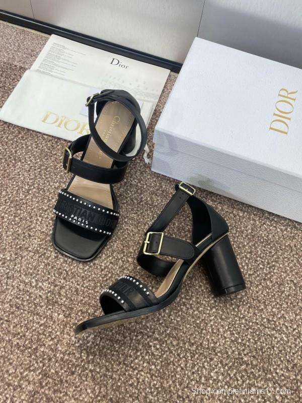 2025 Women Dior Black Leather Sandals Studded KFY00320