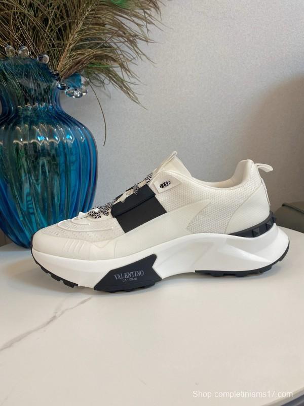 2024 Unisex Valentino White Black Leather Mesh Sneakers 