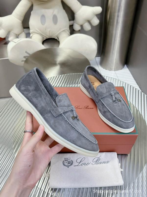 2024 Unisex Loro Piana Grey Suede Loafers MJ00270