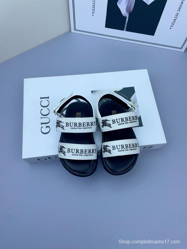 2025 Kids Burberry White Black Leather Sandals