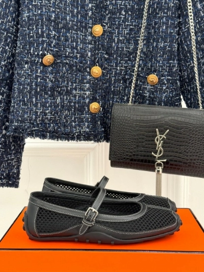 2025 Women Hermès Black Mesh Leather Mary Jane