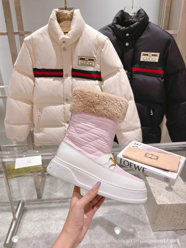 2024 Women Gucci Pink White Leather Shearling Snow Boots