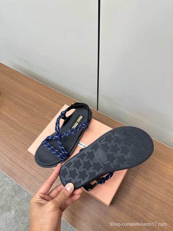 2025 Women Miu Miu Blue Black Leather Rope Sandals