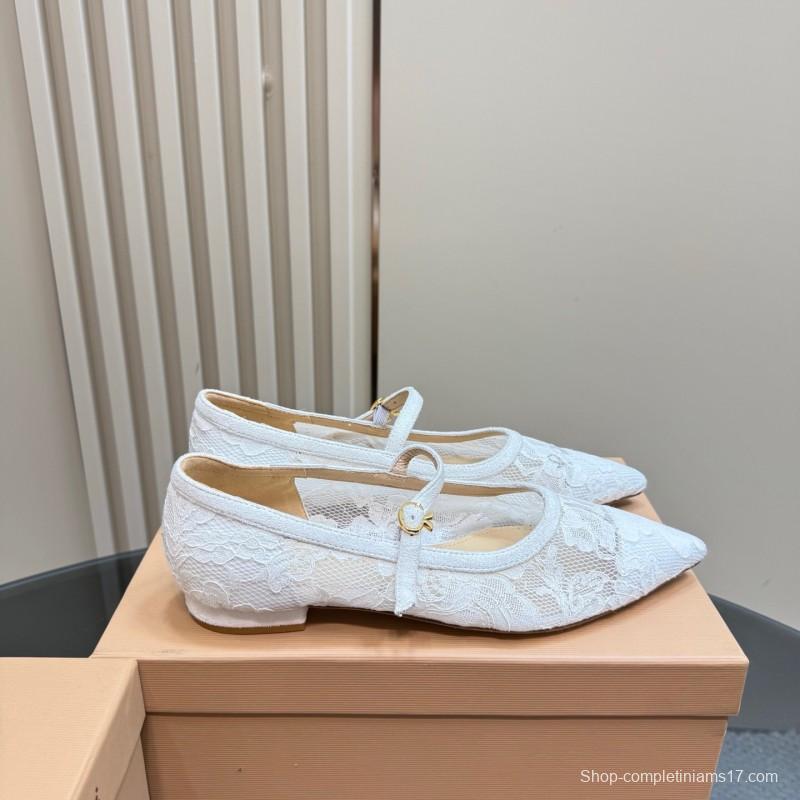 2025 Women Gianvito Rossi White Lace Leather Low Heel Ballerina KFY00260