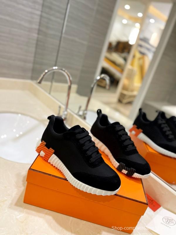 2024 Unisex Hermès Black Imported Silk Glazed Calf Suede Synthetic Fabric Sneakers MJ00320