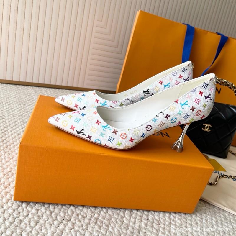 2025 Women Louis Vuitton White Multicolor Leather High Heel Shoes