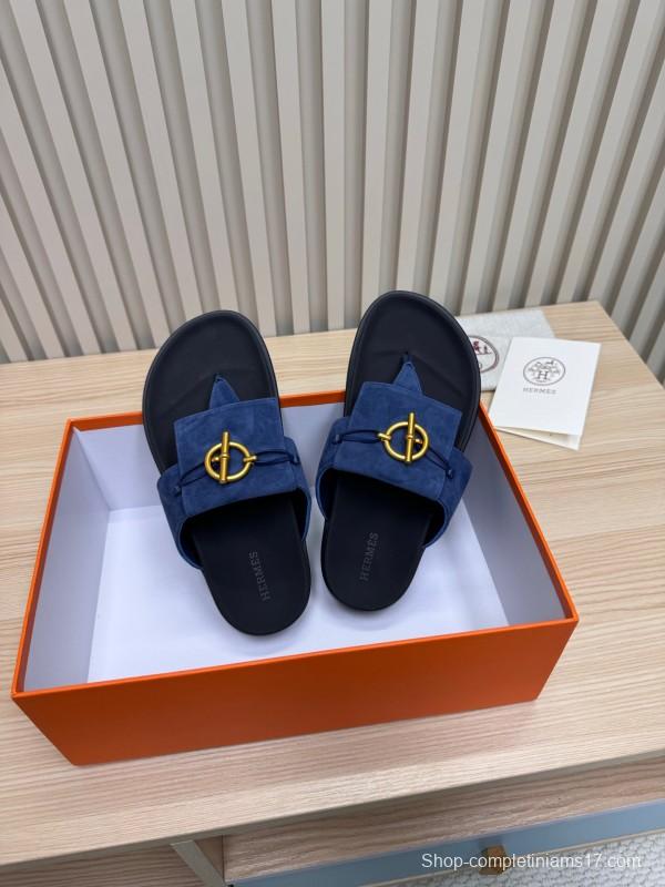 2025 Slippers Hermès Blue Leather Slippers