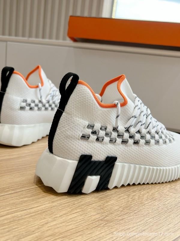 2024 Unisex Hermès White Black Orange Knit Sneakers