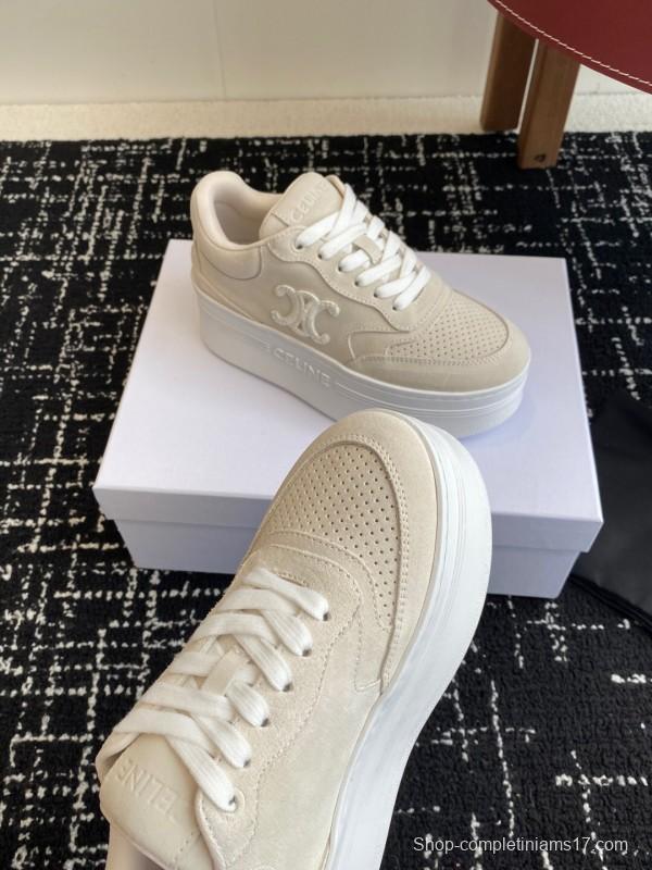 2025 Women Celine Beige Suede Platform Sneakers KFY00320