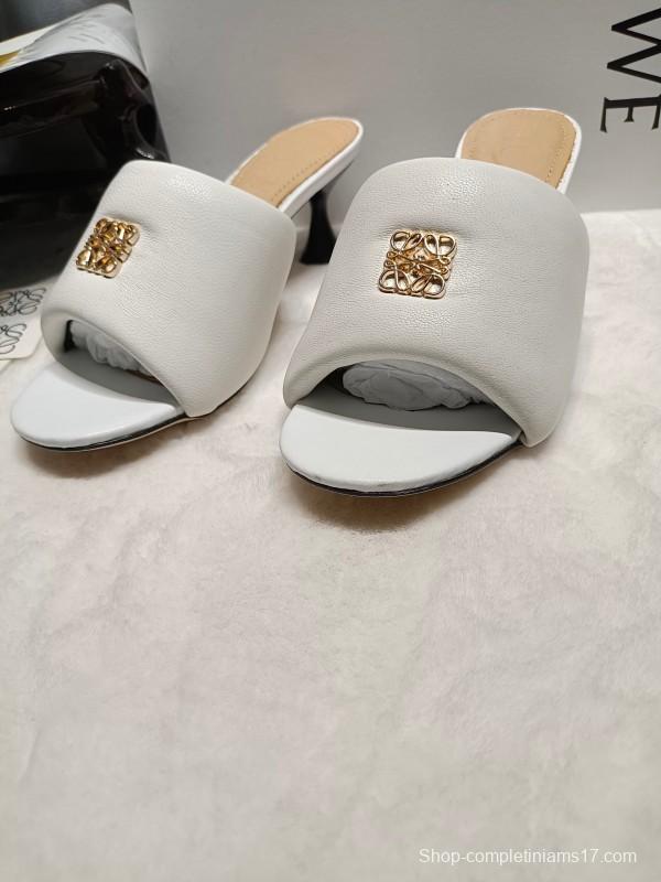 2025 Women Loewe White Leather Slide Heels LY00270