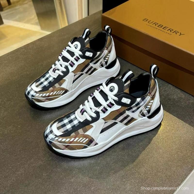 2025 Unisex Burberry Brown White Black Cotton Calfskin Suede Sneakers Check MJ00380(W/M)