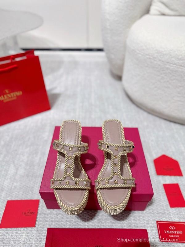 2025 Women Valentino Beige Rope Leather Wedge Sandals LY00290