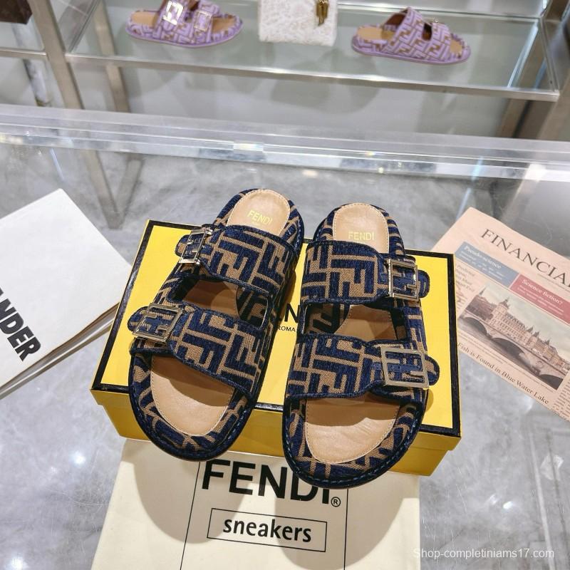 2025 Slippers Fendi Blue Brown Jacquard FF Pattern MJ00230