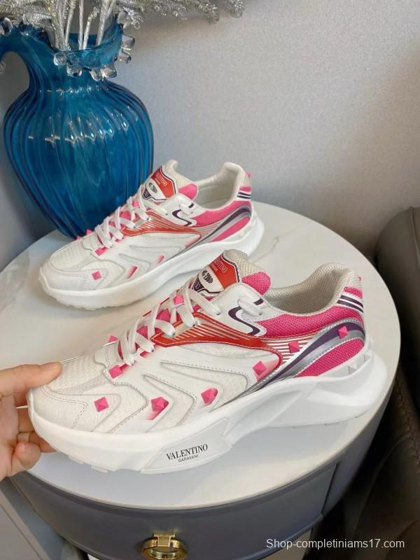 2024 Unisex Valentino White Pink Mesh Leather Sneakers MJ00410