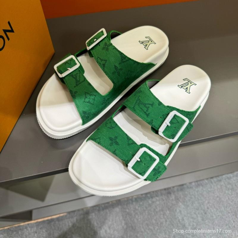 2024 Men Louis Vuitton Green Silk Leather Sandals MJ00210
