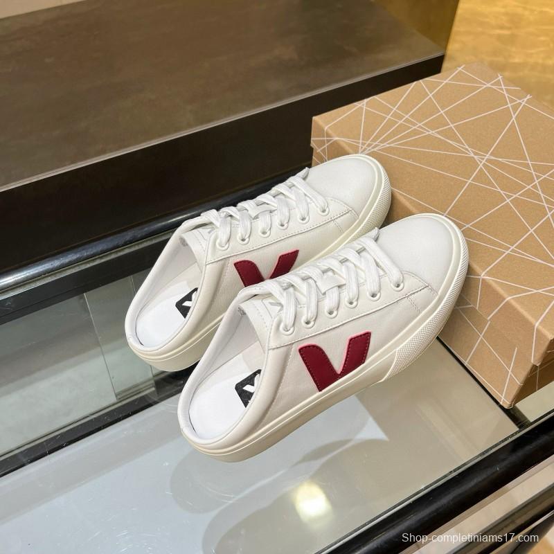 2025 Women VEJA White Burgundy Canvas Leather Slip-On Sneakers