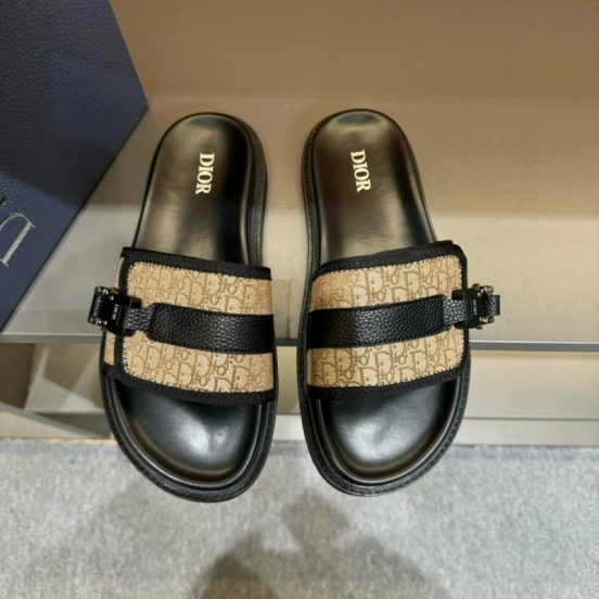 2024 Slippers Dior Beige Black Leather Canvas Slippers