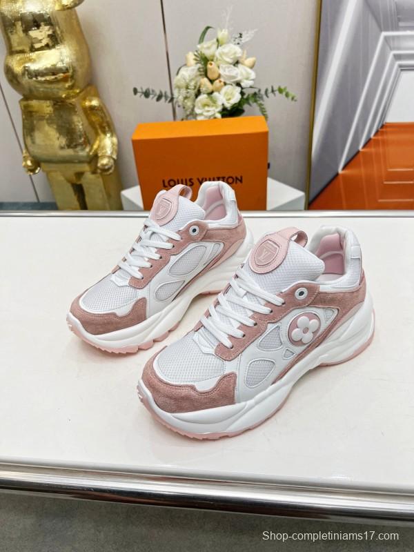 2025 Women Louis Vuitton White Pink Suede Mesh Sneakers LY00340