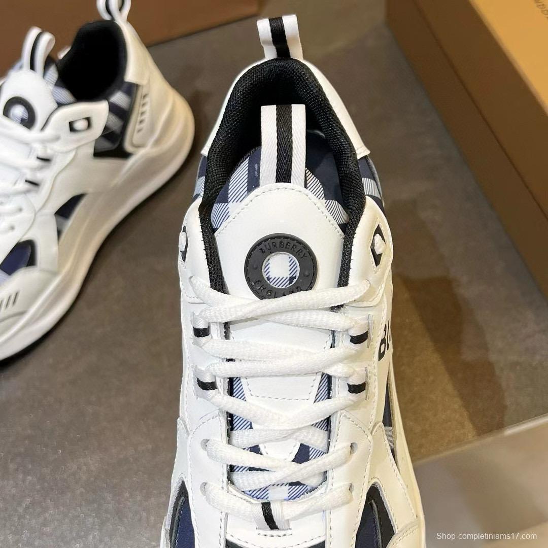 2025 Unisex Burberry White Blue Suede Leather Sneakers Vintage Check MJ00380